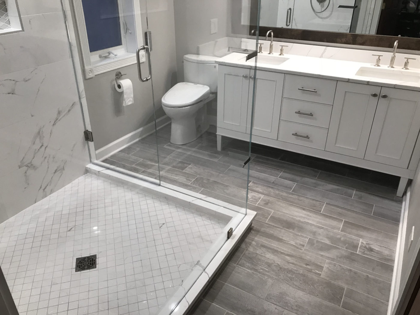 Master Bathroom Remodeling in Morton Grove - new shower, flooring, cabinets, countertops