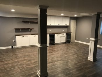 Basement remodeling in Morton Grove - new flooring, cabinets, fixtures