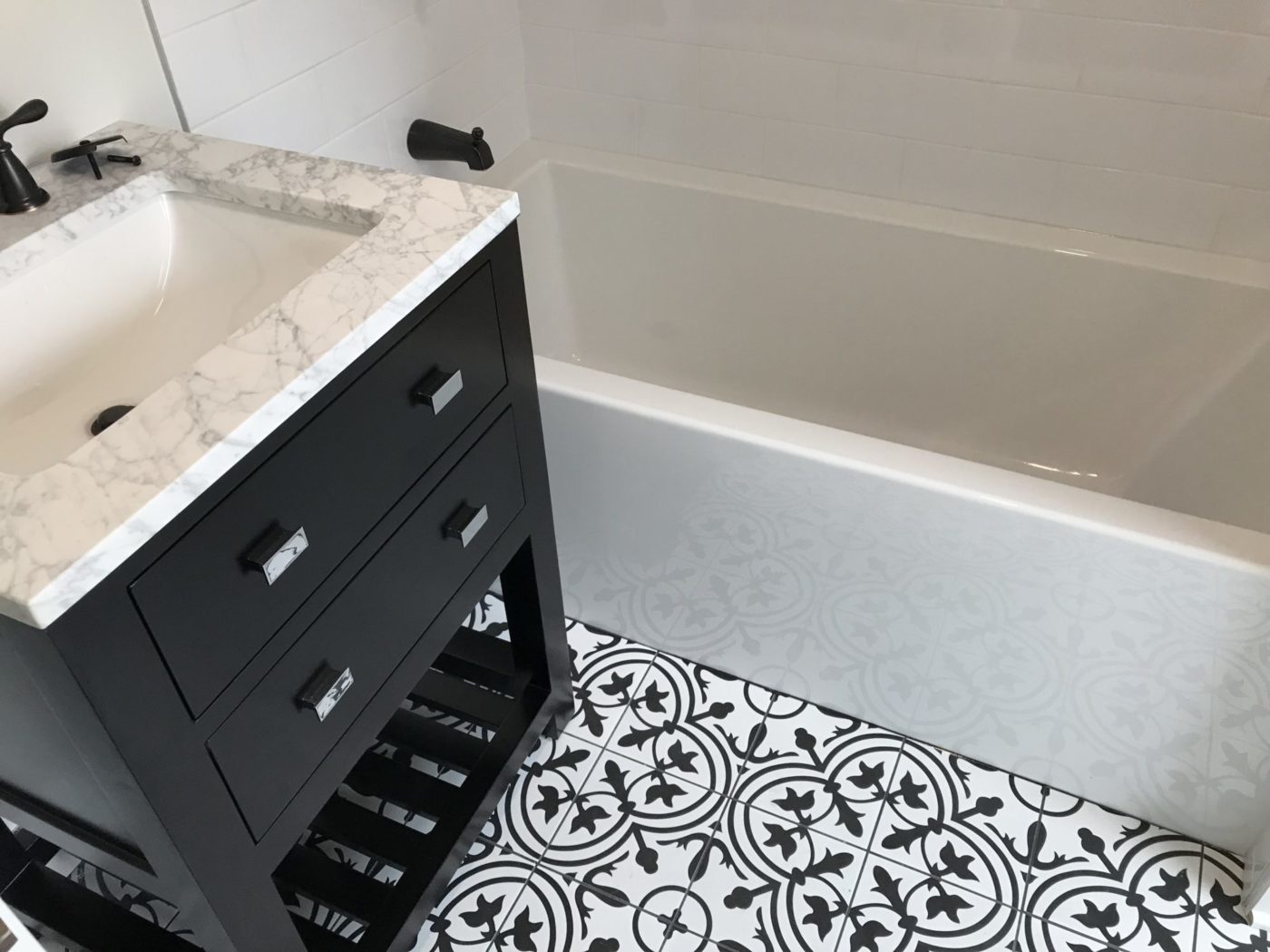 new Victorian bathroom tile, granite sink, tub