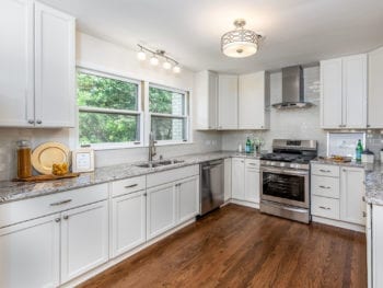 Kitchen Renovation and Remodeling in Hinsdale; kitchen hardwood flooring, new cabinets, granite countertops