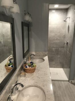 Bathroom Remodeling Services in East Dundee, granite countertops, new shower and stone tiles, hardwood flooring